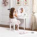 Spirich Kids Vanity, Girls Vanity Set with Mirror and Stool and Lights, Kids Vanity Table and Chair Set,Wooden Princess Makeup Desk Dressing Table, Round Shape With Led Blubs
