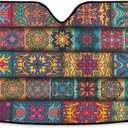Boho Ethnic Car Windshield Sun Shade Bohemian Stripes Colorful Mandala Flower Foldable UV Ray Sun Visor Protector Sunshade to Keep Your Vehicle Cool (55" x 27.6")