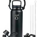 Trebo 40oz Water Bottle Insulated with Lid and Straw,Double Wall Vacuum Stainless Steel Metal Tumbler Sports Flask with Paracord Handle, Keep Hot 24 Hours & Cold 48 Hours Water Jug with 3 Lids, Black