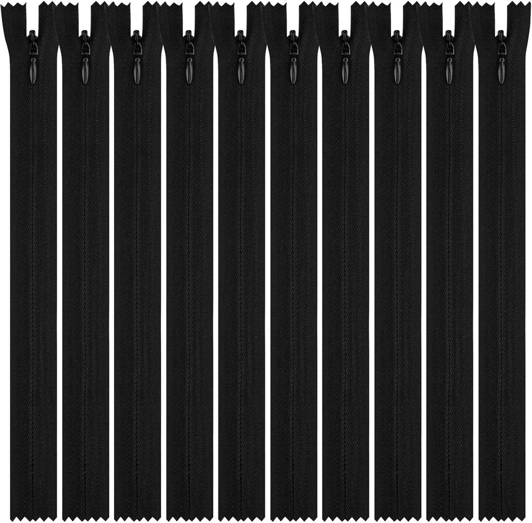 DOITEM 8 10 12 14 16 18 20 22 24 Inch Multicolor Nylon Coil Zippers for Sewing and Crafts (Black, 8Inch Invisible)