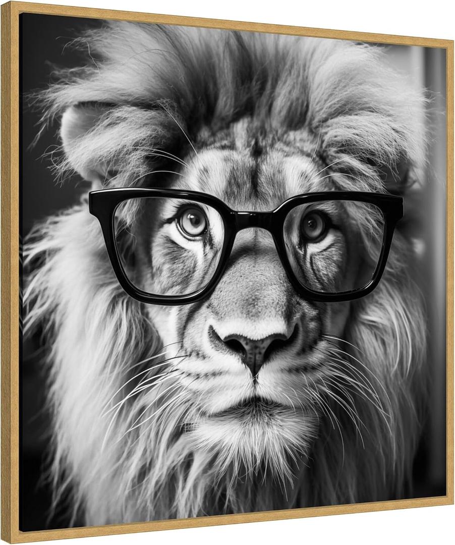 Kate and Laurel Sylvie Black and White Lion in Reading Glasses Framed Canvas Wall Art by The Creative Bunch Studio 30 x 30 Gold, Whimsical, Animals, Humor Art for Wall Decor, Living Room, Bedroom