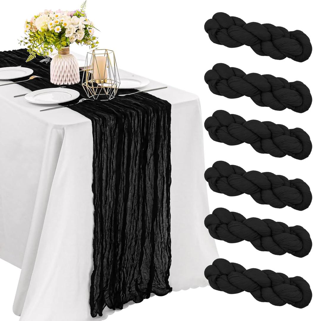6 Pieces Black 10FT Cheesecloth Table Runner Boho Gauze Fabric Table Runner Rustic Sheer Runner for Wedding Birthday Baby Shower Party Boho Table DecorationBlack (35" x 120"-6 Pack)