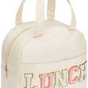 Lunch Bag for Women Insulated For Men PU leather Small Office Work lunch with Chenille Letters Leakproof Freezable Cooler Reusable Portable Box (White)