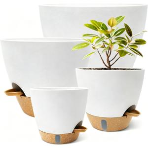 MNKXL 4-Pack Large Self Watering Pots for Indoor Plants, 12/10/9/8 Inch Planters with Visible Water Level Window, Automatic Watering System for Monstera, Fiddle Leaf, Herbs, Succulents, White
