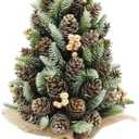 Rustic Mini Christmas Tree with Pine Cones, Silver Berries and Burlap Base, Decorative Tabletop Christmas Tree Christmas Table Centerpieces Xmas Decoration (Gold)