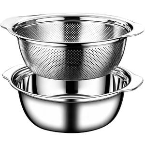 Colander for Kitchen, 1.5 QT 18/8 Stainless Steel Colander, Stainless Steel Strainer with Mixing Bowl, Rice Strainer with Handle for Washing Vegetables, Fruit, Rice, and Pasta (2 PC)