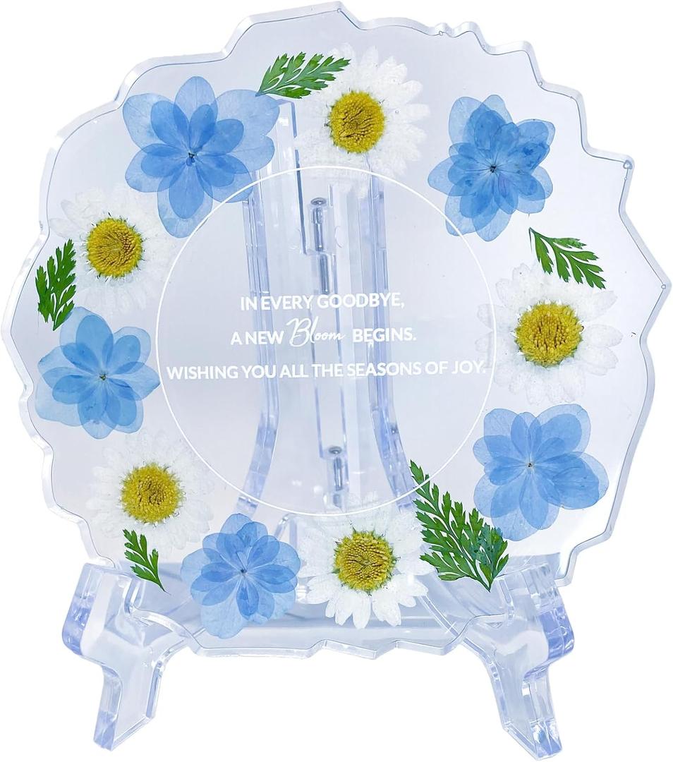 Farewell Gifts for Coworkers Resin Floral Keepsake Plate Decor with Pressed Real Flowers (Blue & White) Retirement & Goodbye Gifts for Coworkers Women
