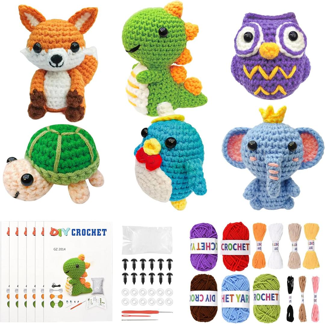 BOLDNOVA 6PCS Crochet Kit for Beginners, Knitting Kit with Step-by-Step Video Tutorials, Beginner Crochet Kit for Adults, Crochet Animal Kit for Beginners Kids, Complete Kit Included 6 Cute Animals (P