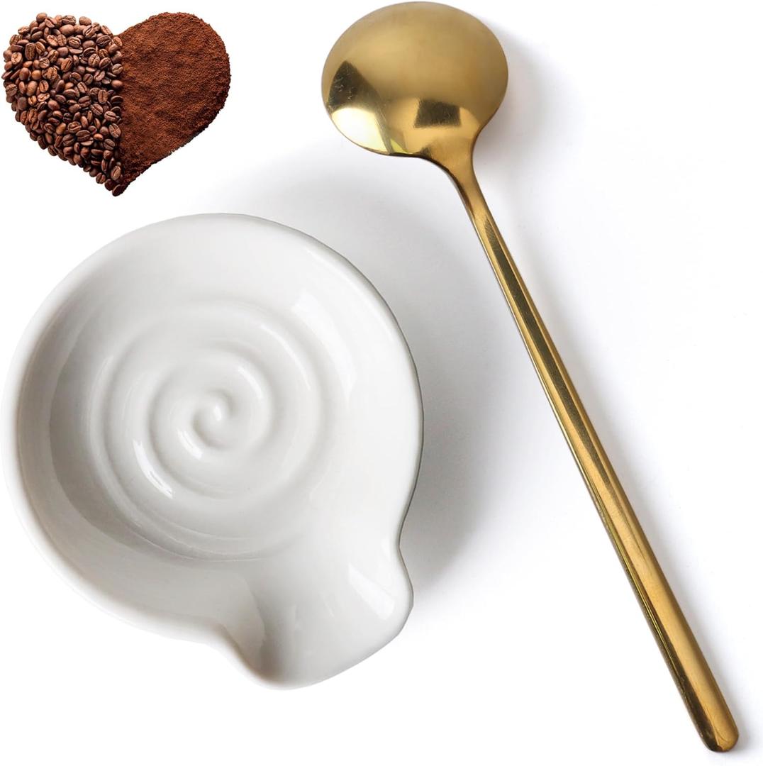 Coffee Spoon Rest for Coffe Bar Accessories, Ceramic Spoon Holder for Coffee Station, Small Spoon Rest for Kitchen Counter, Cute Coffee Bar & Corner Space Decor (Comes with Gold Coffee Spoon) (White)