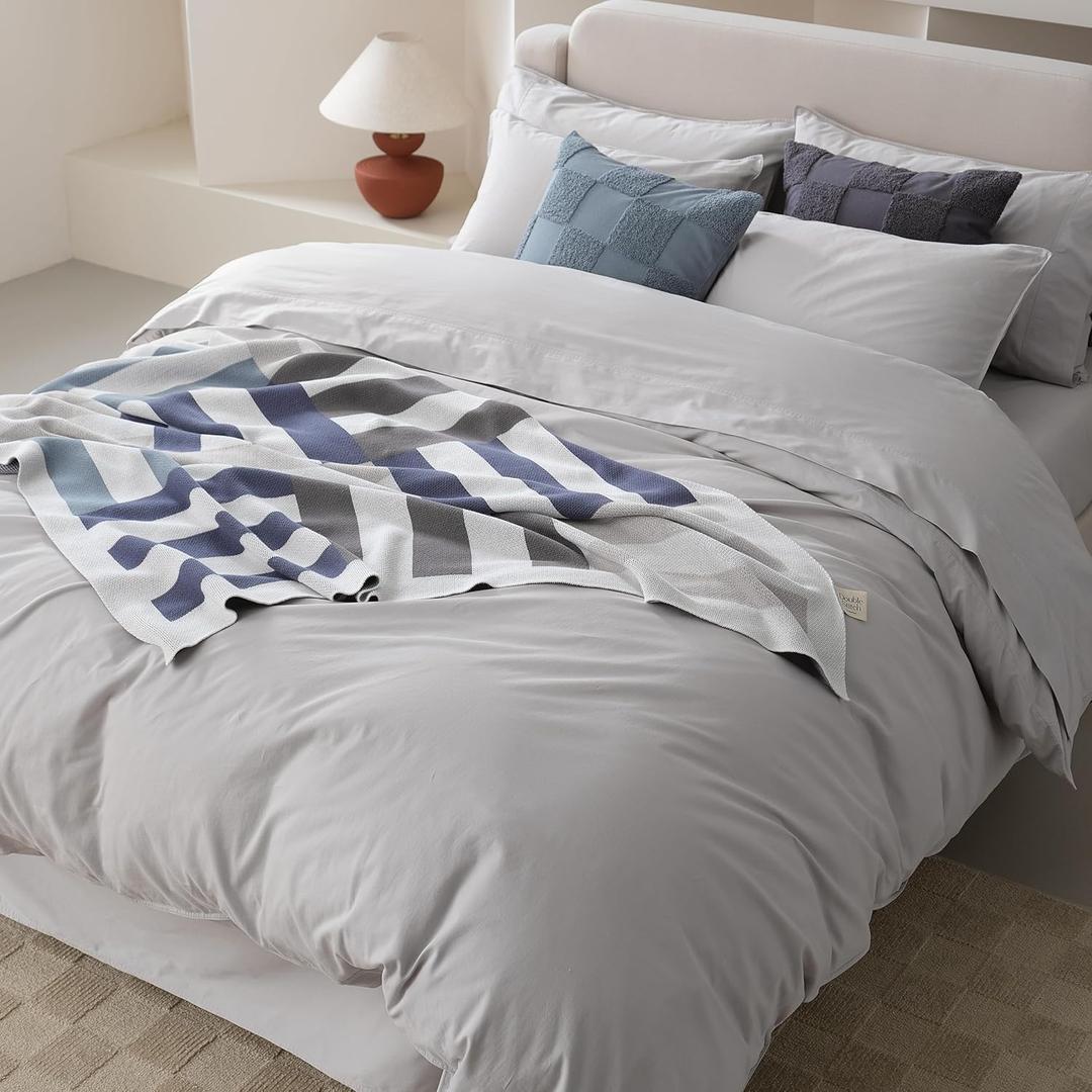 Double Stitch 100% Organic Cotton Duvet Cover - Soft 3 Piece Bedding Set King Size, 300 TC Luxury Hotel Sateen Weave, GOTS Certified Long Staple Cotton, Made in India, Light Grey