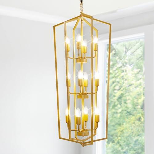 Entryway Farmhouse Chandelier High Ceiling: 12-Light Frosted Gold Lantern Tiered Pendant Light Fixtures,Large Long Chandeliers for High Ceilings,for Foyer,Staircase,Hallway,Dining Room,Kitchen Island