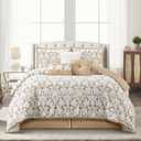 Stratford Park Floral Leaves Comforter Set, Khaki Queen Size Bedding, 7 Piece Jacquard Bedding Set, All Season, Matching Pillows, Shams, Bed Skirt