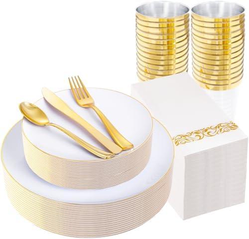 YOUBET 175PCS Gold Rimmed Plastic Plates - White and Gold Disposable Plates Includes 25 Dinner Plate, 25 Dessert Plate, 75Silverware, 25 Cups, 25 Napkins for Wedding & Party & Thanksgiving