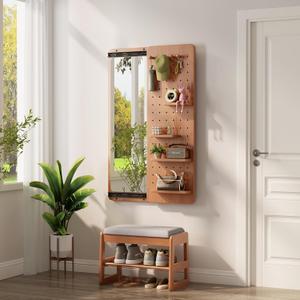 KungFuWood Full Length Mirror with Shelf and Hooks,Entry Way Mirrors for Wall,Wall Mirror with Shelf,Wall Mirror with Storage Multifunctional Design Panel,Living Room