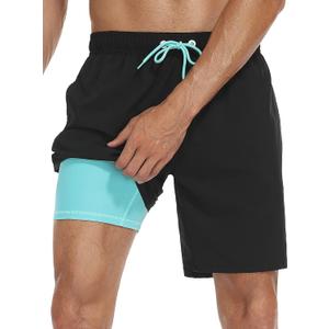 unitop Men's Swim Trunks with Compression Liner Quick Dry Bathing Suit Summer Beach Shorts with Pockets (Black)