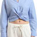 SUNNOW Women's Striped Twist Front Crop Button-Up Shirt Long Sleeve Casual Blouse Loose Fit Summer Tunic Top (Large, Blue)