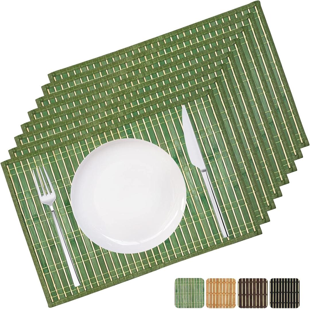 ANDSTAR Bamboo Placemats Set of 8 Non-Slip Waterproof - 12x18 Inch Reusable Table Mats for Kitchen Dining, Eco-Friendly Thick Heat Resistant Dishwasher Safe Home Decor (Green)