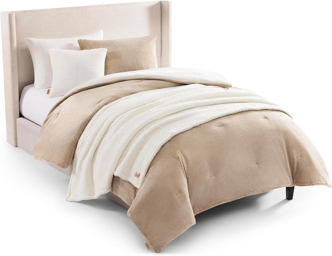 UGG Twin Comforter Set 4 Piece Bed in a Bag with Throw Blanket, Decorative Pillow Sham and Reversible Comforter Hypoallergenic Washable College Dorm Bedding, Twin XL, Brown Birch (Remina) (Ivory)