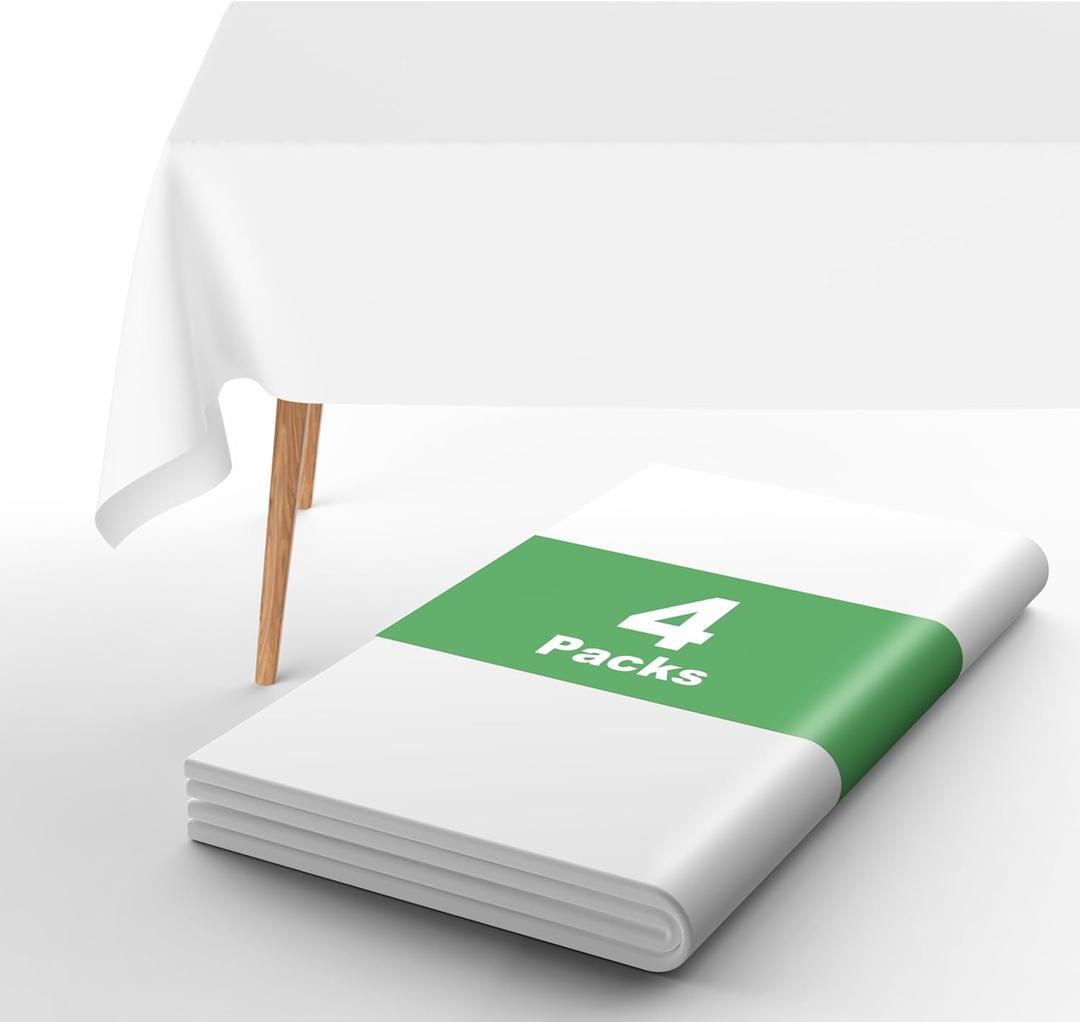 URMONA Plastic Tablecloth Disposable, 4 Pcs - 54" x 132" Table Cloth Rectangle Table, Waterproof, Suitable for Parties, Picnics, Weddings, and Camping(White)