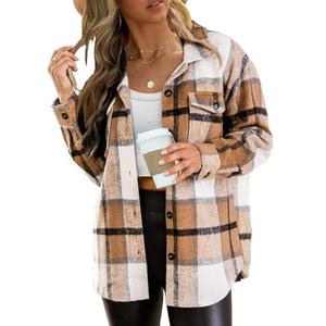 Blansdi Womens Flannel Shacket Plaid Button Down Long Sleeve Shirts Jacket Coats Fall Outfits Fashion Clothes 2025 Apricot M