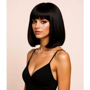 14 Inches Black Wigs for Women Short Straight Bob Wig with Bangs Synthetic Hair for Daily Use,Cosplay, Halloween