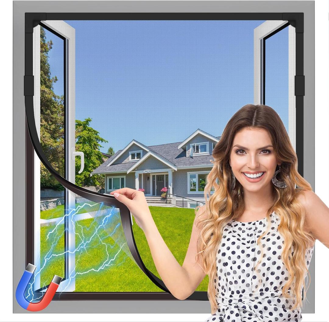 Magnetic Window Screen, Adjustable DIY 59x71in Window Screen Replacement, Black Frame Black Fiberglass Mesh, No Drilling Easy Cut-to-Fit for Sliding/Swing/Top-Hung, Fits Wood/Iron/PVC Frames
