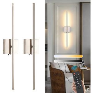 Set of 2 Battery Operated Wall Sconces, 11000mAh Wireless Rechargeable Brushed Nickel Wall Lights with Remote Control, 350°Rotate Dimmable Wall Lamp, 3 Color Temperatures, for Bedroom, Living Room
