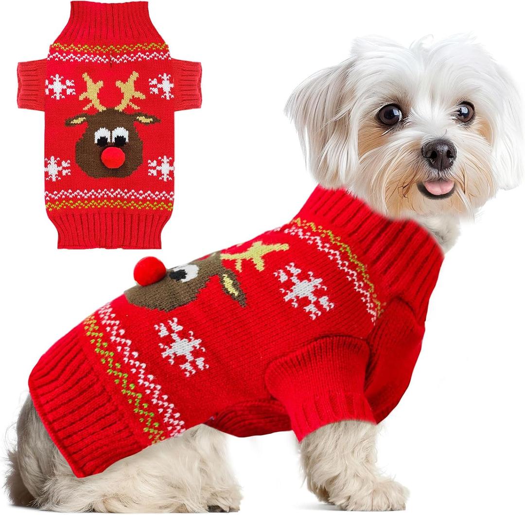 Dog Ugly Christmas Sweater Red Elk Xmas Dog Cat Outfit New Year Holiday Costumes Puppy Cat Sweater with Leash Hole for Small Dogs Girl Boy Turtleneck Winter Warm Pet Clothes