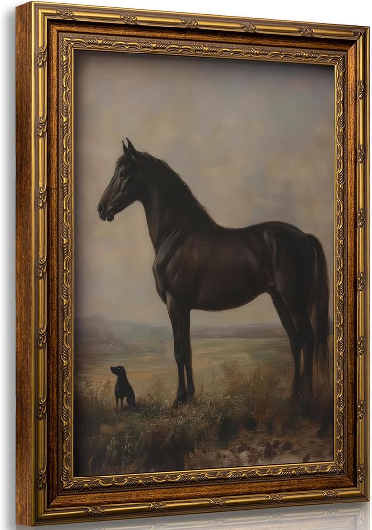 Vintage Gold Framed Horse Wall Art Horse and Dog Canvas Wall Decor Retro Rustic Farmhouse Animal Picture Rustic Horses Poster Artwork for Home Living Bedroom Farmhouse Hallway 12x16in