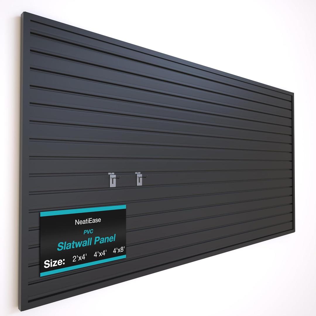 NeatiEase Slatwall Panel Wall Storage Systems, 4 x 8ft Slat Wall Paneling Garage Wall Organizer, Heavy Duty Wall Mounted PVC Wall Rack (Black)