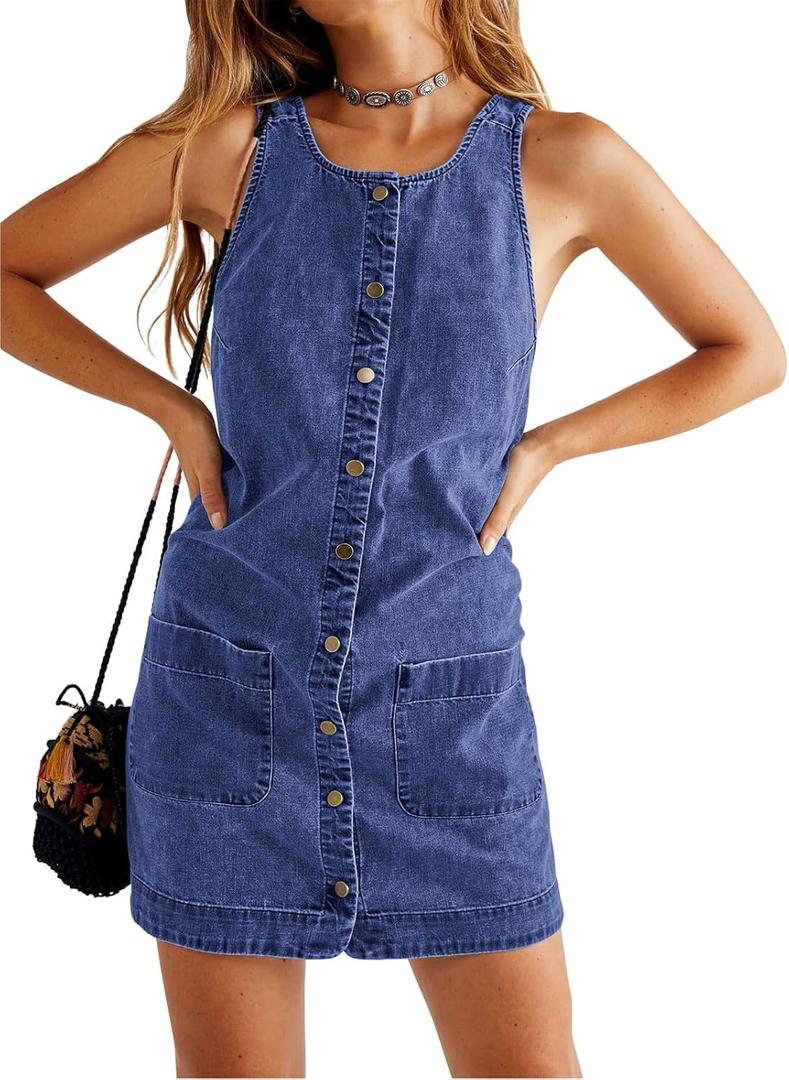 Yousify Womens Casual Sleeveless Denim Overalls Dresses Button Down Summer Jean Mini Dress 2025 Trendy Romper With Pockets (Medium, Blue)