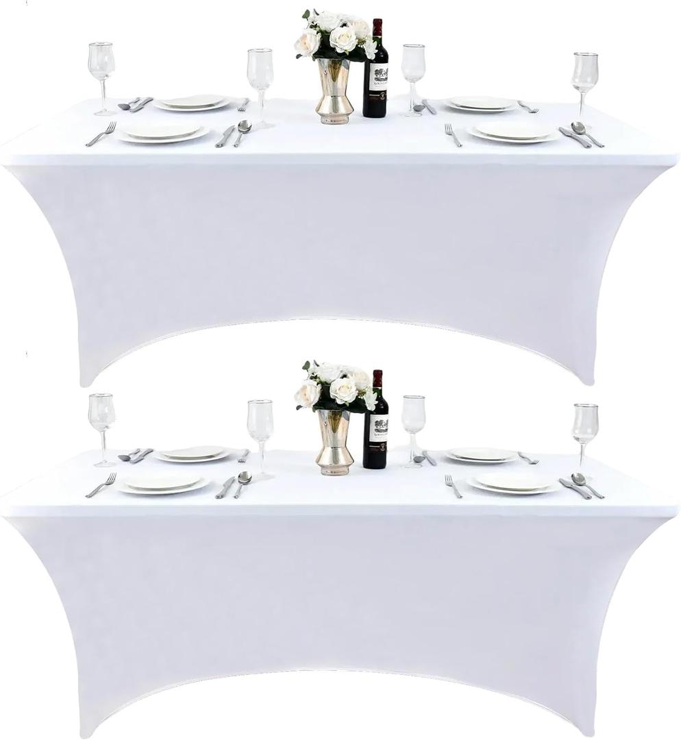 2-Pack 8ft White Spandex Table Covers for Rectangle Folding Tables - Washable Elastic Tablecloth - Ultimate Fitted Table Protector for Birthday Parties, Trade Shows, Banquet, White