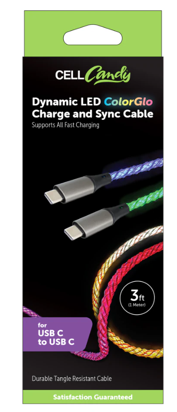 Cell Candy dynamic led Color Glo Charge and Sync Cable For USB C to USB C