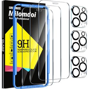 Milomdoi 3 Pack Screen Protector for Apple iPhone 12 Pro Max with 3 Pack Tempered Glass Camera Lens Protector, Ultra 9H Accessories, Case Friendly, Mounting Frame, 2.5D Curved, Transparent