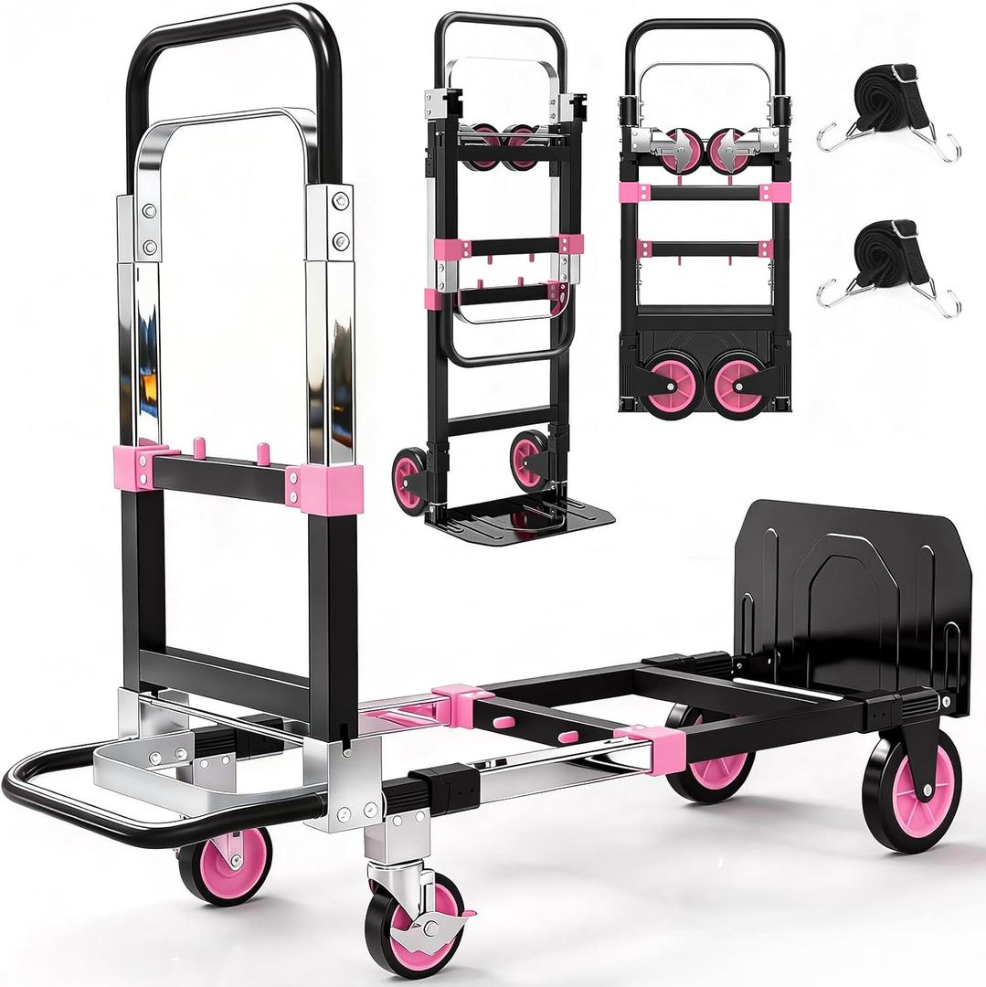 3-in-1 Folding Heavy Duty Hand Truck Dolly Cart Trolley with Wheels (Pink)