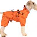Mile High Life Waterproof Dog Raincoat, Full Coverage Small Dog Rain Coat with Harness, Adjustable 4 Legs Puppy Rain Jacket with Reflective Strip and Elastic Cuffs (Orange, M Back Length 14.6")