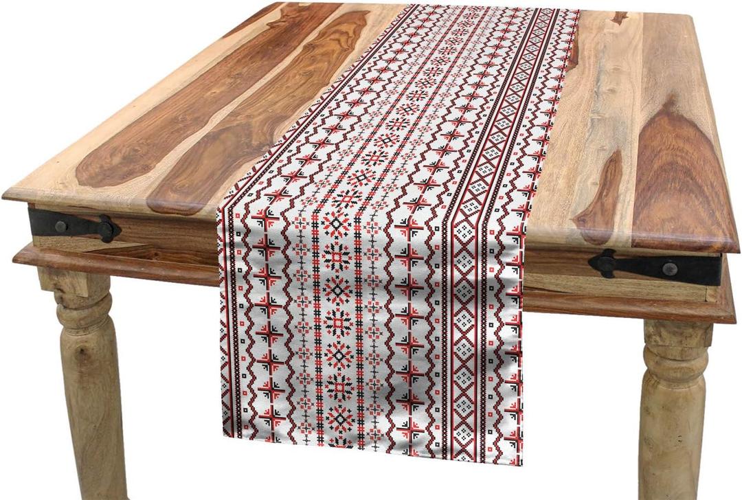 Lunarable Traditional Table Runner, Classic Eastern European Romanian Pattern with Snowflakes Chevrons Pixel Design, Dining Room Kitchen Rectangular Runner, 16" X 72", Red Black