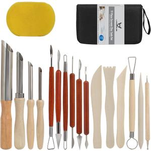 17Pcs Clay Sculpting Tools, Basic Clay Tools Kit, Polymer Clay Tools with Wooden Handles & Tool Bag, Practical Air Dry Clay Tools for Dotting, Carving, Molding, Pottery Kit for Adults Kids
