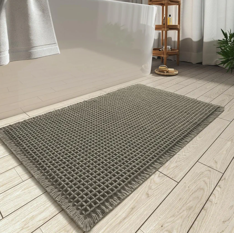 AMOAMI Upgraded Waffle Bath Mat, Super Absorbent Non Slip Bath Mats for Bathroom Floor, Machine Washable Bathroom Rugs with Tassels, Rubber Backed Bathroom Mats, Ultra Soft, 17" x 24", Dark Green
