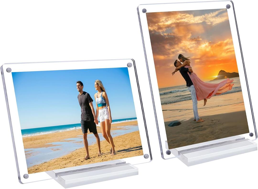 2 Pcs Acrylic Picture Frame 7x5 Inch Picture Floating Display Clear Magnetic Acrylic Frame Double Sided Photo Frame for Desktop Stand (Clear (2 Pack, 5X7)