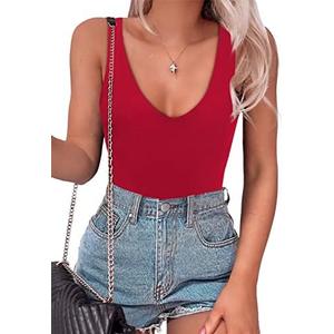 SAUNGKUAI Women’s Bodysuit Sexy Plunge Deep V Neck Backless Sleeveless Tank Thong Body Suits Outfits for Going Out, Extra Large, Red