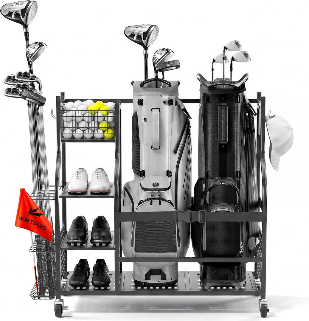 Golf Bag Storage Rack for Garage, Heavy Duty Golf Organizer with 3-Tier Storage Shelf, Golf Club Stand Holder for 2-3 Bags, Balls, Shoes & Accessories, Metal Golf Equipment Storage Organizer, 2-Bag Capacity