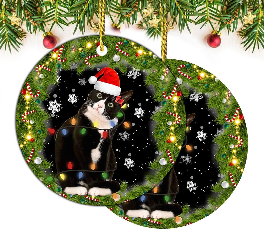 2 x DECORLUXES Set 2 Christmas Ornaments 3.1" - Tuxedo Cat Acrylic Ornament, Black and White Cat Christmas - Black cat Ornament - Christmas Tree Decoration Ornament