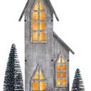 Wooden Christmas Village House with LED, Xmas Decor Indoor Tabletop Centerpiece with Tree, Lighted Christmas House Decor for Home Shelf Mantle, Winter Holiday Village Display (Style A)