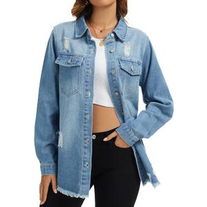 Women's Oversized Jean Jacket Casual Long Sleeve Denim Shirts Distressed Frayed Hem Denim Shacket M