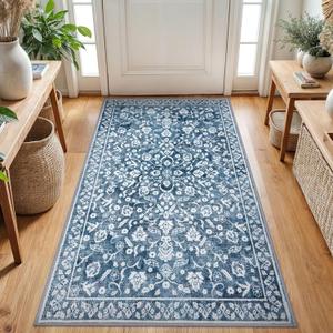 Vintage 3x5 Washable Rug for Entryway, Super Soft Blue and White Entryway Rug Non-Slip, Printed Faux Wool Floral 3x5 Area Rug Thin Floor Carpet for Kitchen, Bedroom, Office, Living Room