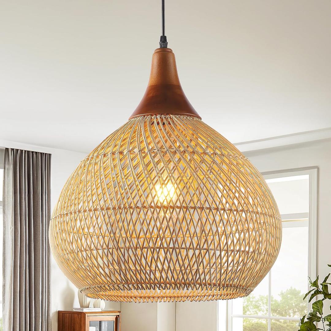 Rattan Pendant Light, 15.7" Rattan Chandelier Hand-Woven Boho Pendant Light Fixtures with Solid Wood, Basket Wicker Chandelier for Dining Room Kitchen Island Living Room, D 16", Large