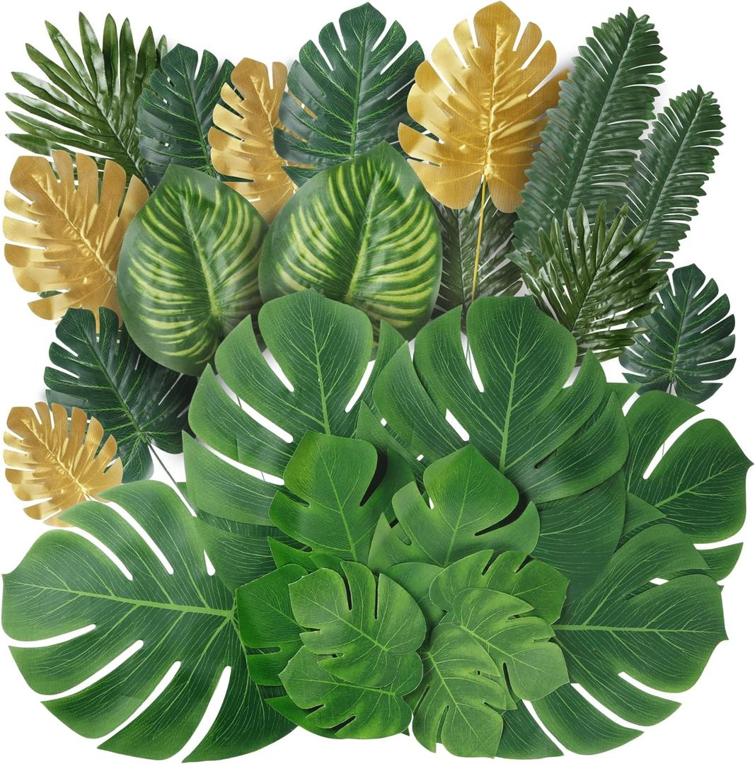 Sggvecsy 82 Pieces 8 Kinds Artificial Tropical Palm Leaves Tropical Leaves Monstera Leaves Safari Jungle Leaf with Stems for Hawaiian Luau Party Beach Table Wedding Shower Birthday Theme Decorations