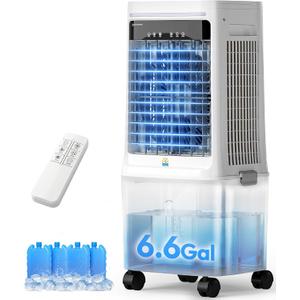 3-in-1 Portable Evaporative Air Cooler - 2000 CFM Swamp Cooler with 6.6-Gal Dual Tank & 4 Ice Packs, Remote Control, 12H Timer, Oscillating Cooling Fan That Blows Cold Air for Large Room, Office