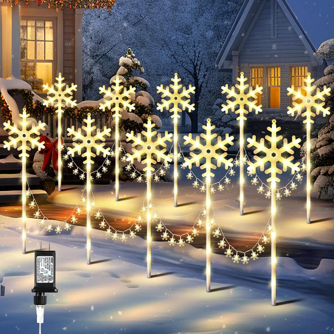 Enhon 10 Pack Snowflake Christmas Pathway Lights Outdoor, 8 Lighting Modes Waterproof Christmas Pathway Markers Lights with Timer for Xmas Walkway Patio Yard Lawn Outdoor Decorations(Warm White)